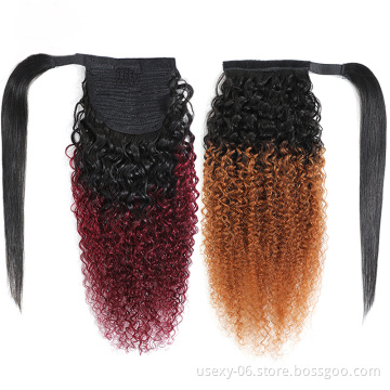Wholesale colored 1b 30 1b 99j 100% curly virgin natural drawstring ombre extensions human hair ponytails